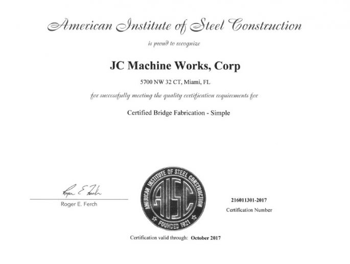 JC Machine receives AISC bridge fabrication certification JC Machine